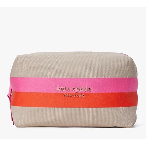 Kate Spade Stripe Logo Canvas Large Cosmetic Case Travel Makeup Bag - Picture 2 of 8